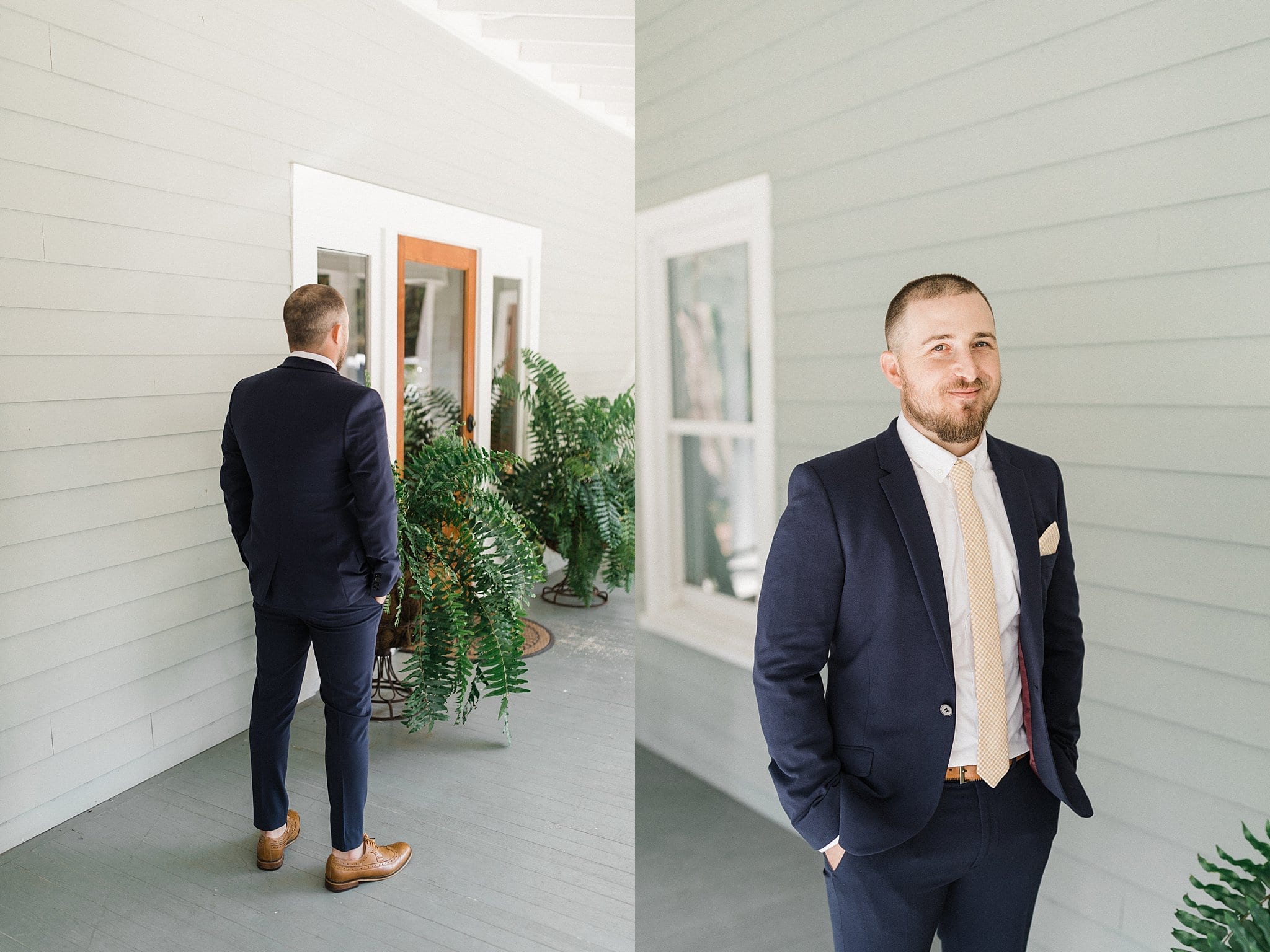 groom standing on porch waiting to see bride