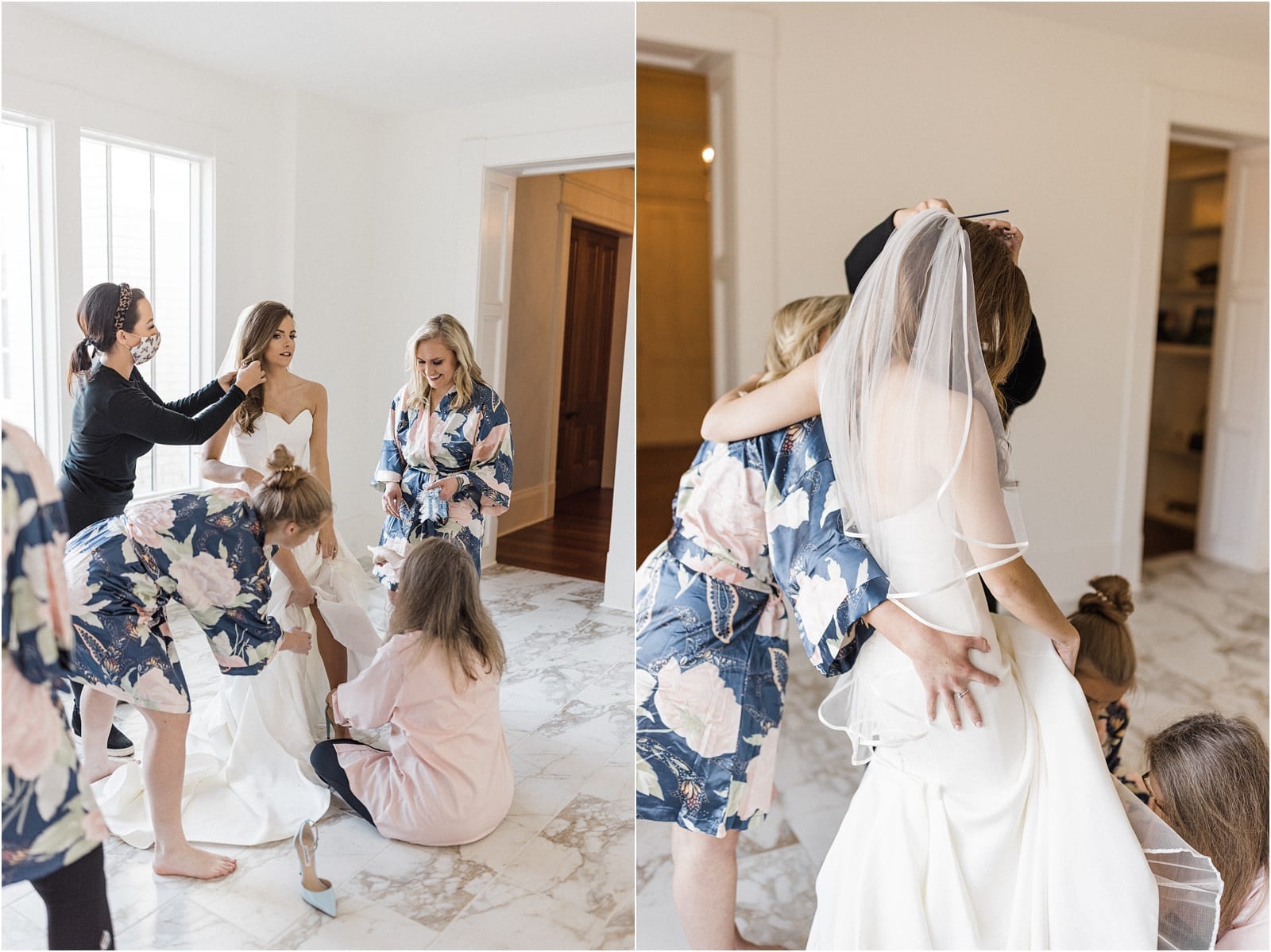 bridesmaids help with finishing touches on the bride
