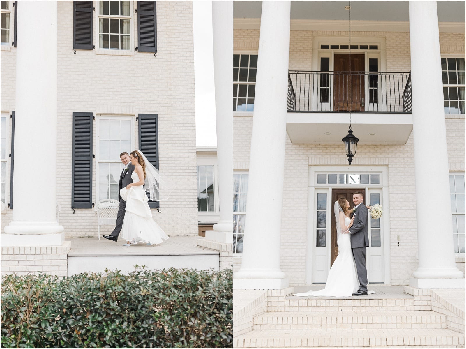 bride and groom stand on front porch