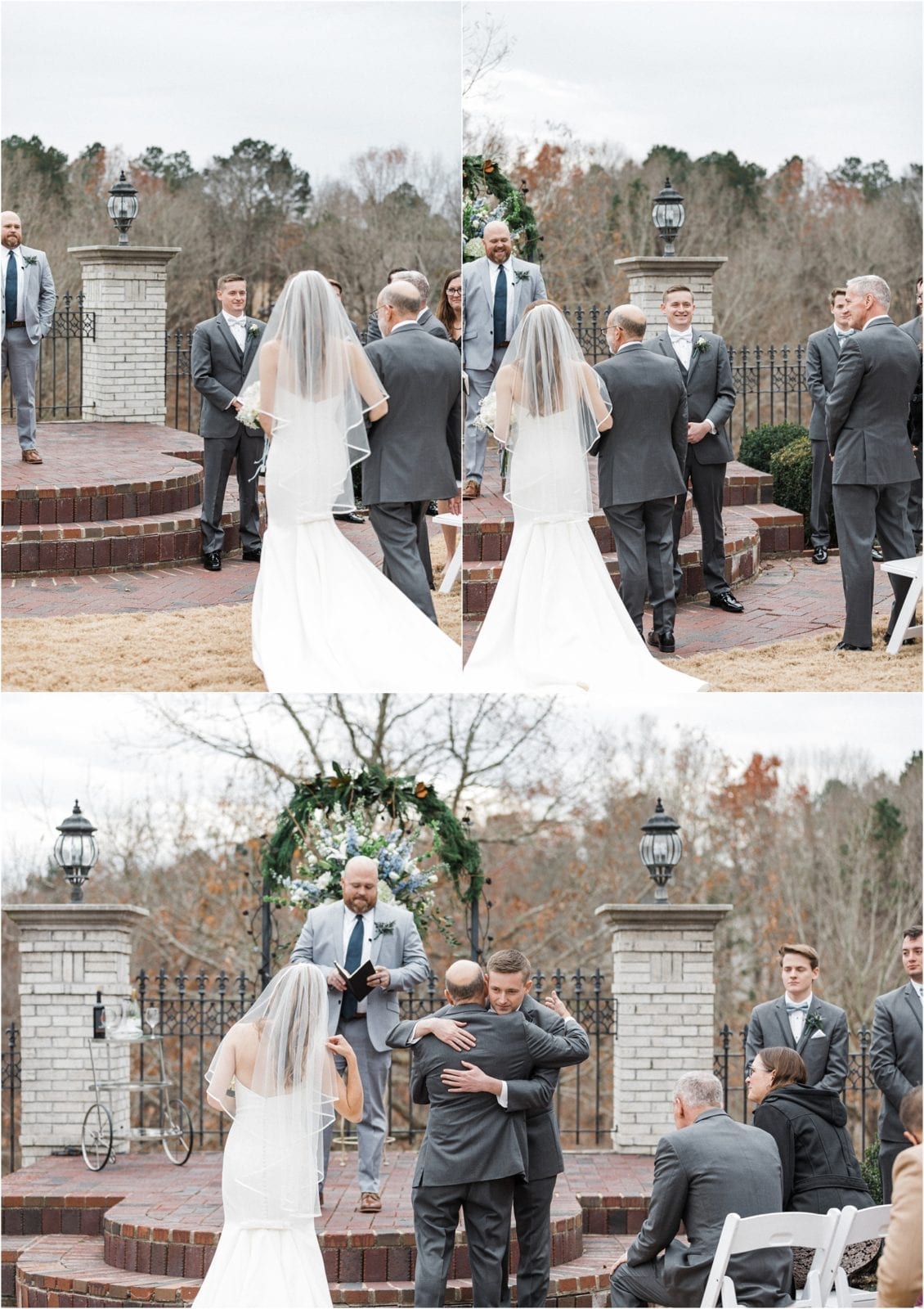 father gives bride away at the altar