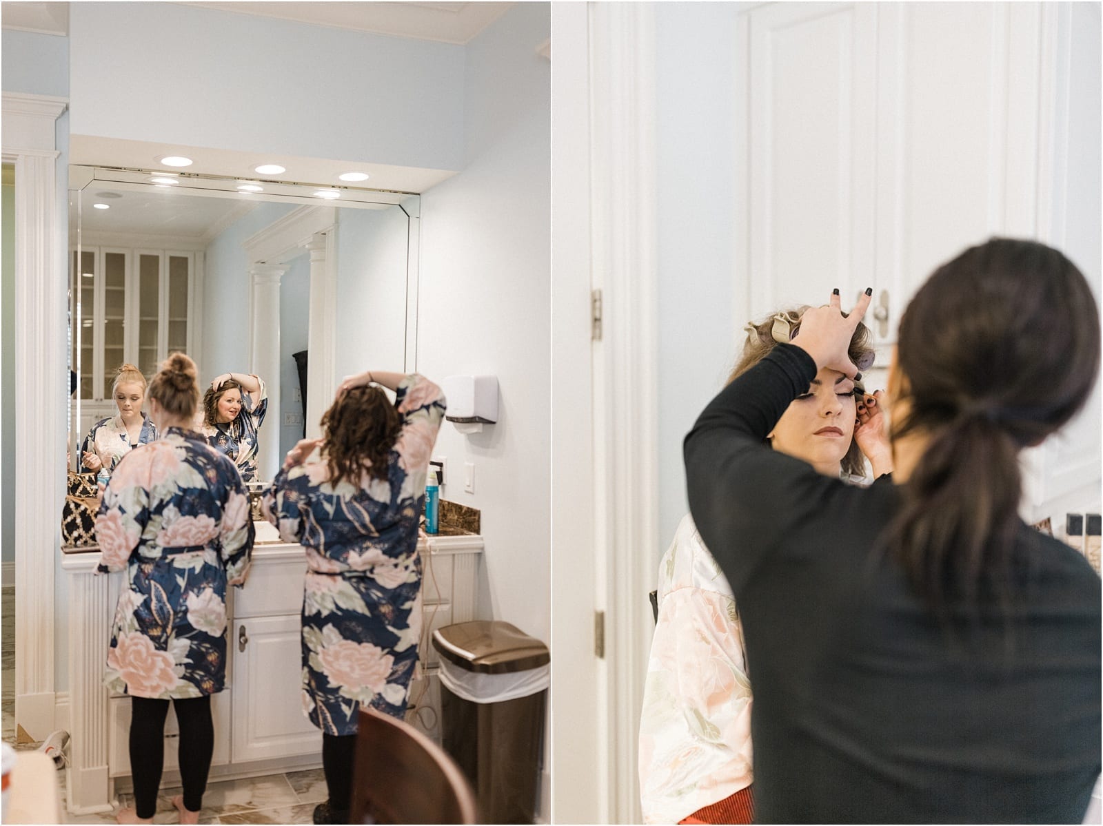 bridesmaids and bride finish their make up
